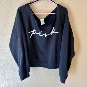 Black Victorias Secret PINK Logo Off the Shoulder Cropped Sweatshirt Size XL